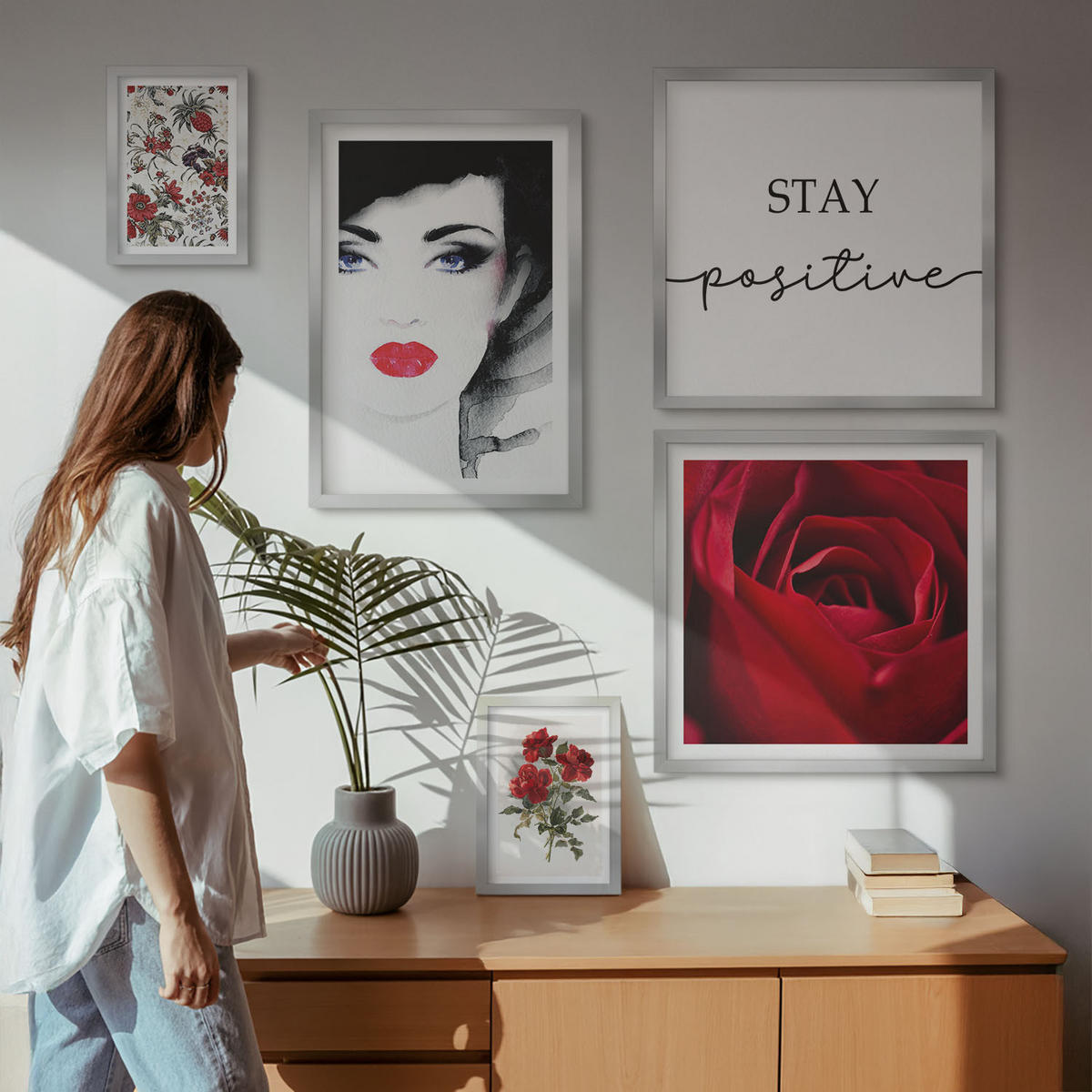 WANDBILDER 5er Set - 50x50 cm & 20x30 cm & 40x60 cm Silberner Rahmen - Inschrift mit roten Rosen - Silberfarben, Kunststoff (40/60cm) - ArtPrintCave