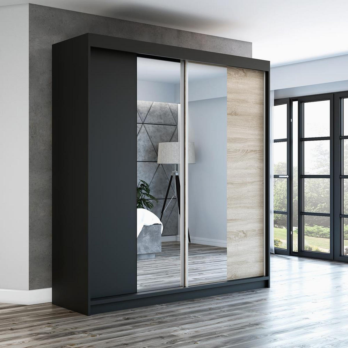 SCHWEBETÜRENSCHRANK 160 CM NEO Farbe: Schwarz / schwarz / sonoma - Schwarz/Braun, Holzwerkstoff (160/215/59.5cm) - A&J MöbelLand