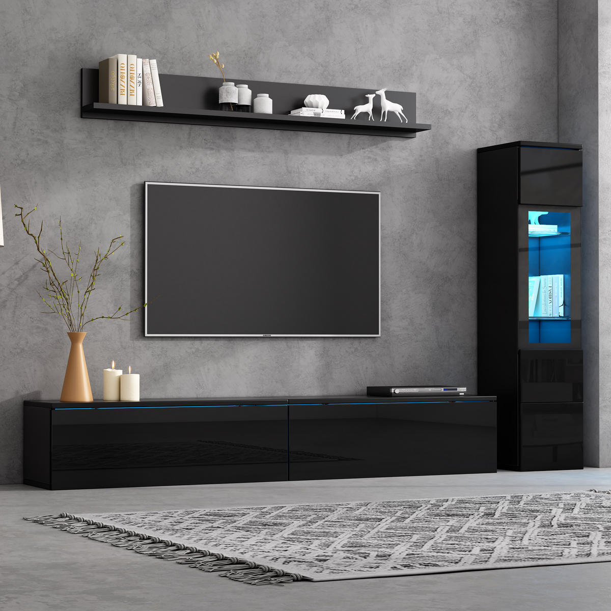 WOHNWAND-SET in Schwarz mit LED Beleuchtung für Wohnzimmer, B180/T30/H130 cm - Schwarz, Glas/Holzwerkstoff (180/33/130cm) - STILVORA