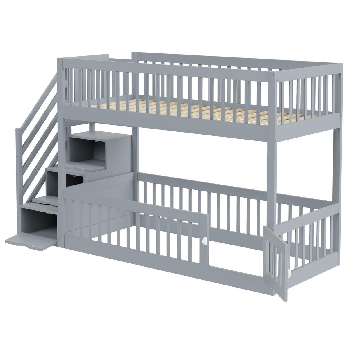 ETAGENBETT mit Stauraumtreppe 90x200 cm Massivholz Grau - Grau, Holzwerkstoff (90/200cm) - Beauniv