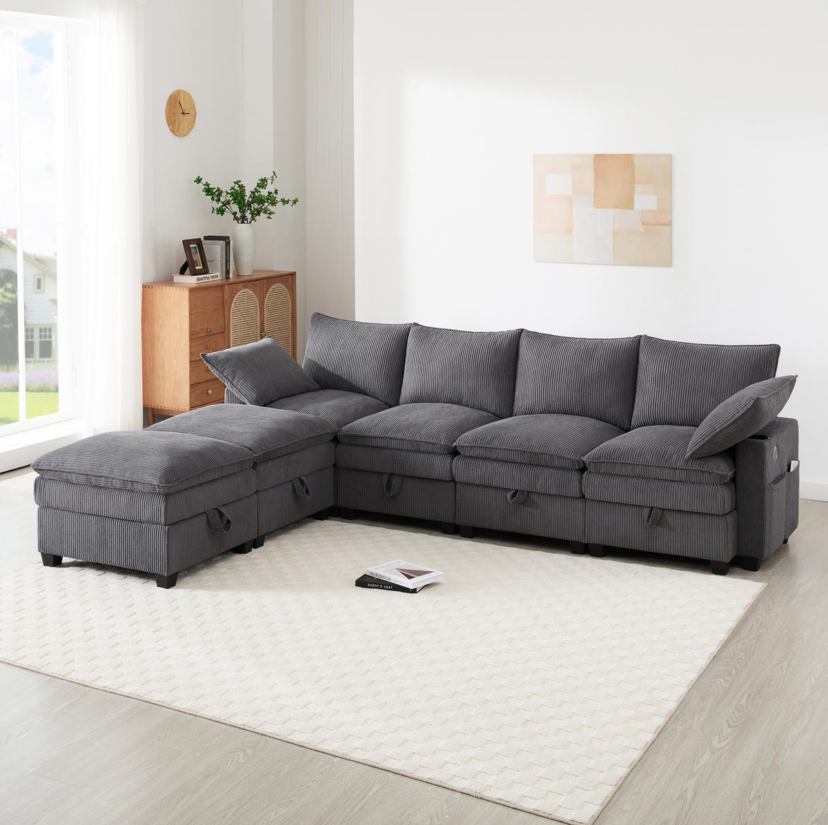 MODULÁRNÍ rohová pohovka 280/151/82 cm s USB, úložným prostorem a 2 taburety, manšestr, Šedá - šedá, textil/plast (82/280/151cm) - Redom