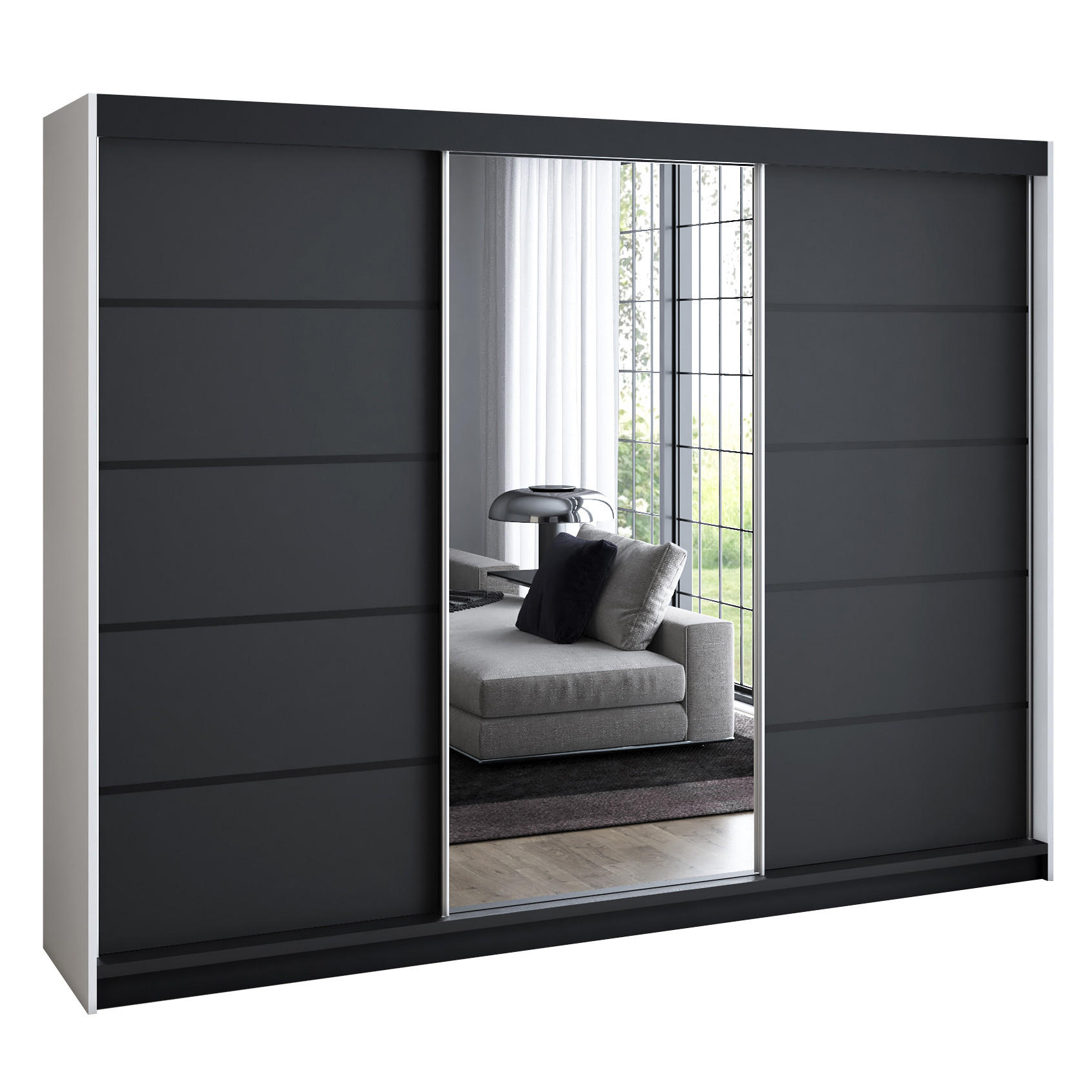 A&J MöbelLand Schwebetürenschrank Weiß, Schwarz 200x215x59.5 cm