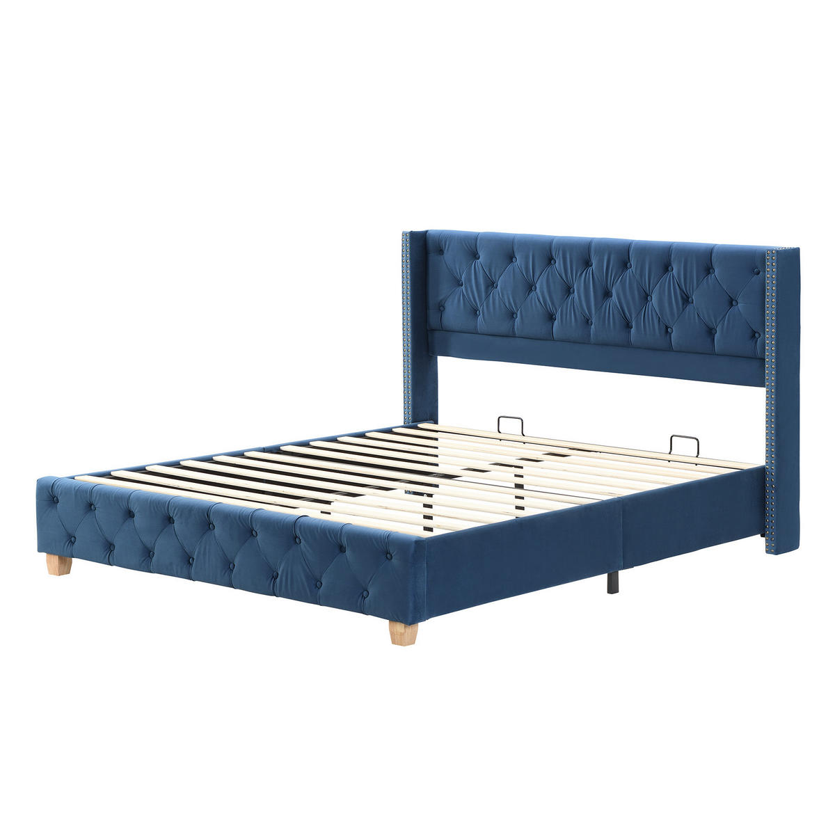 TAPECIRANI krevet 160/200 cm plavi od baršuna s uzglavljem i letvičastom podlogom - plava, tekstil (160/200cm) - OKWISH