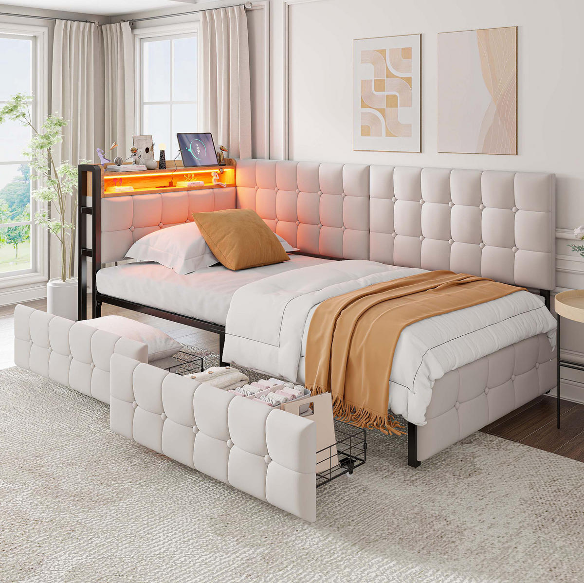 POLSTERBETT 90/200 cm Beige mit Stauraum mit LED-Beleuchtung und USB- und Type-C-Anschlüssen - Beige, Textil (90/200cm) - OKWISH