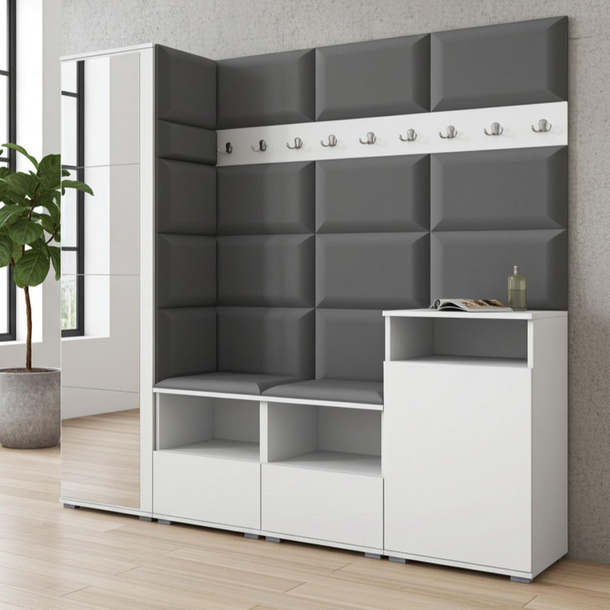 GARDEROBE NELA X 200 cm (Modulare Flurmöbel Weiß mit Spiegel & Sitzpolster Dunkelgrau 15 Schrank + Sideboard) - Dunkelgrau/Silberfarben, Holz/Holzwerkstoff (200/187/40cm) - Ravio