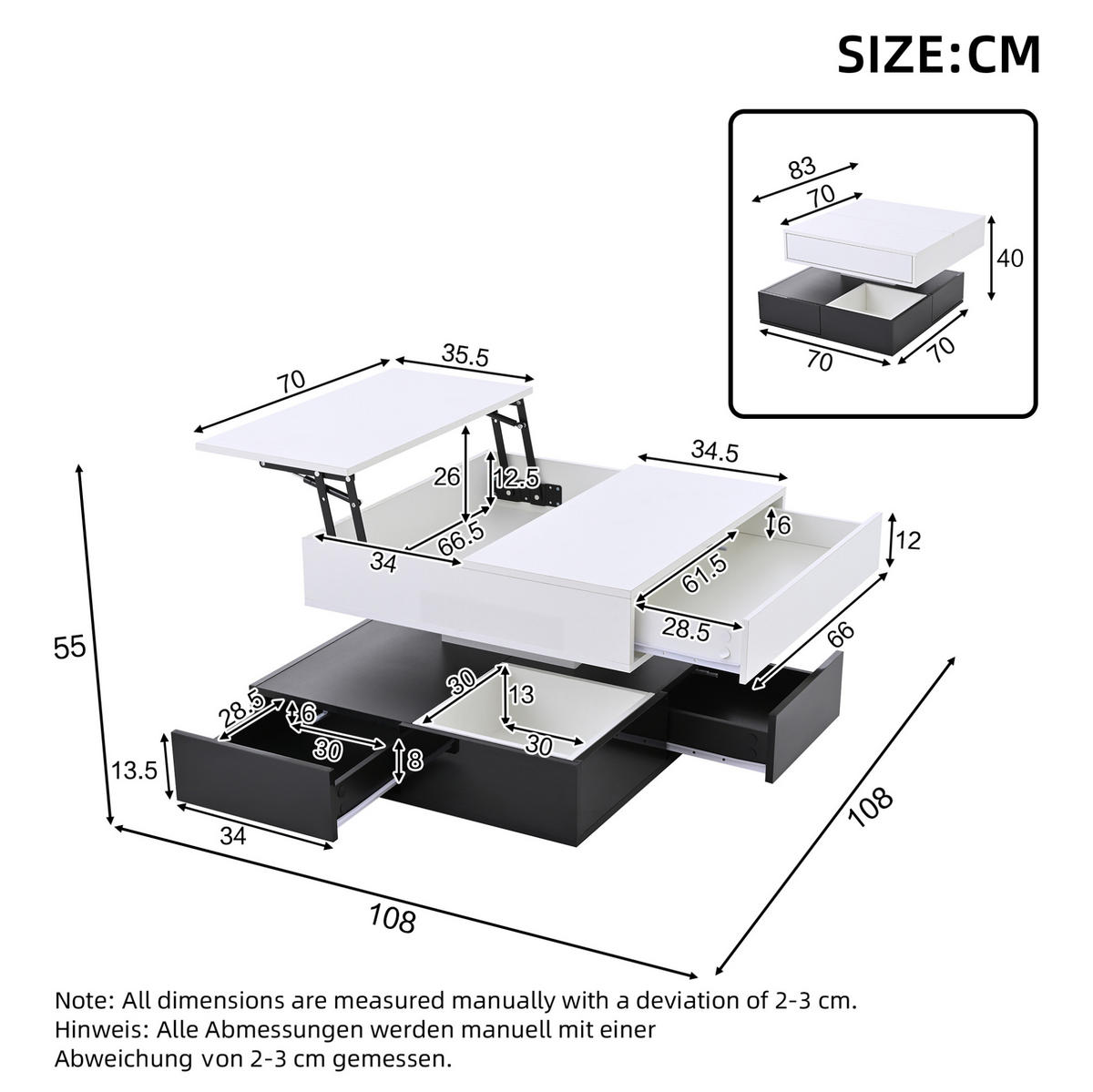 KONFERENČNÍ stolek 70/70/40 cm bílá a černá z dřevotřísky s otočnou a výklopnou deskou - bílá, kompozitní dřevo (70/70/40cm) - OKWISH