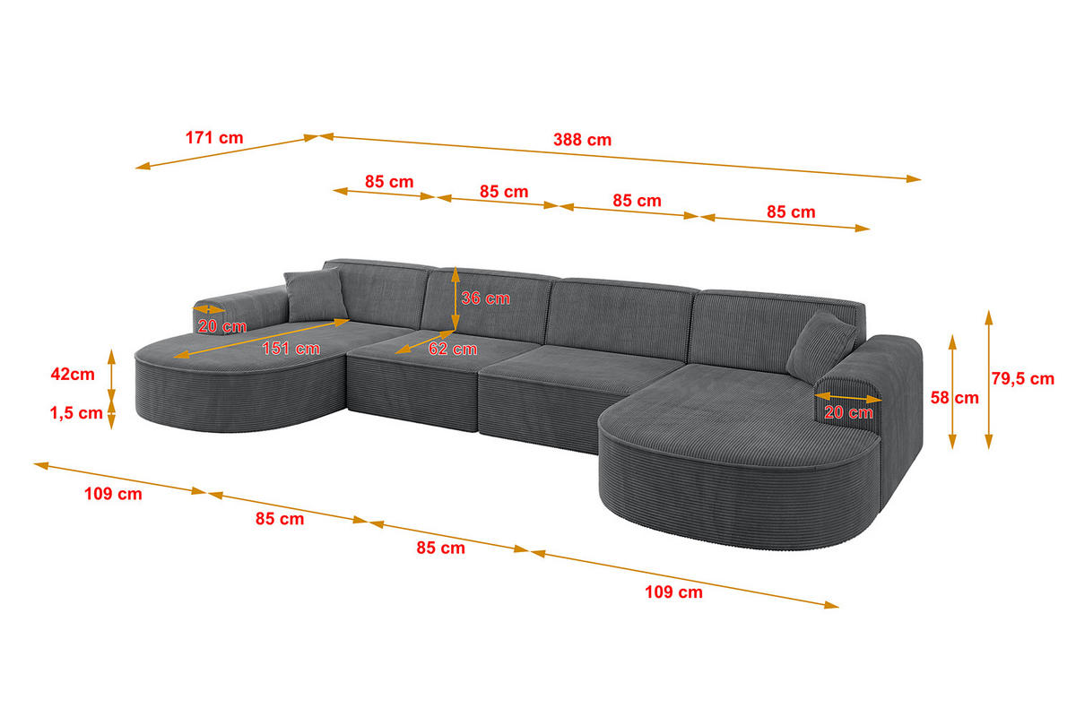 WOHNLANDSCHAFT MARI-U2 - 388x171x79 cm Dunkelgrau Cord - Dunkelgrau/Schwarz, Holzwerkstoff/Kunststoff (388/79/171cm) - ALTDECOR