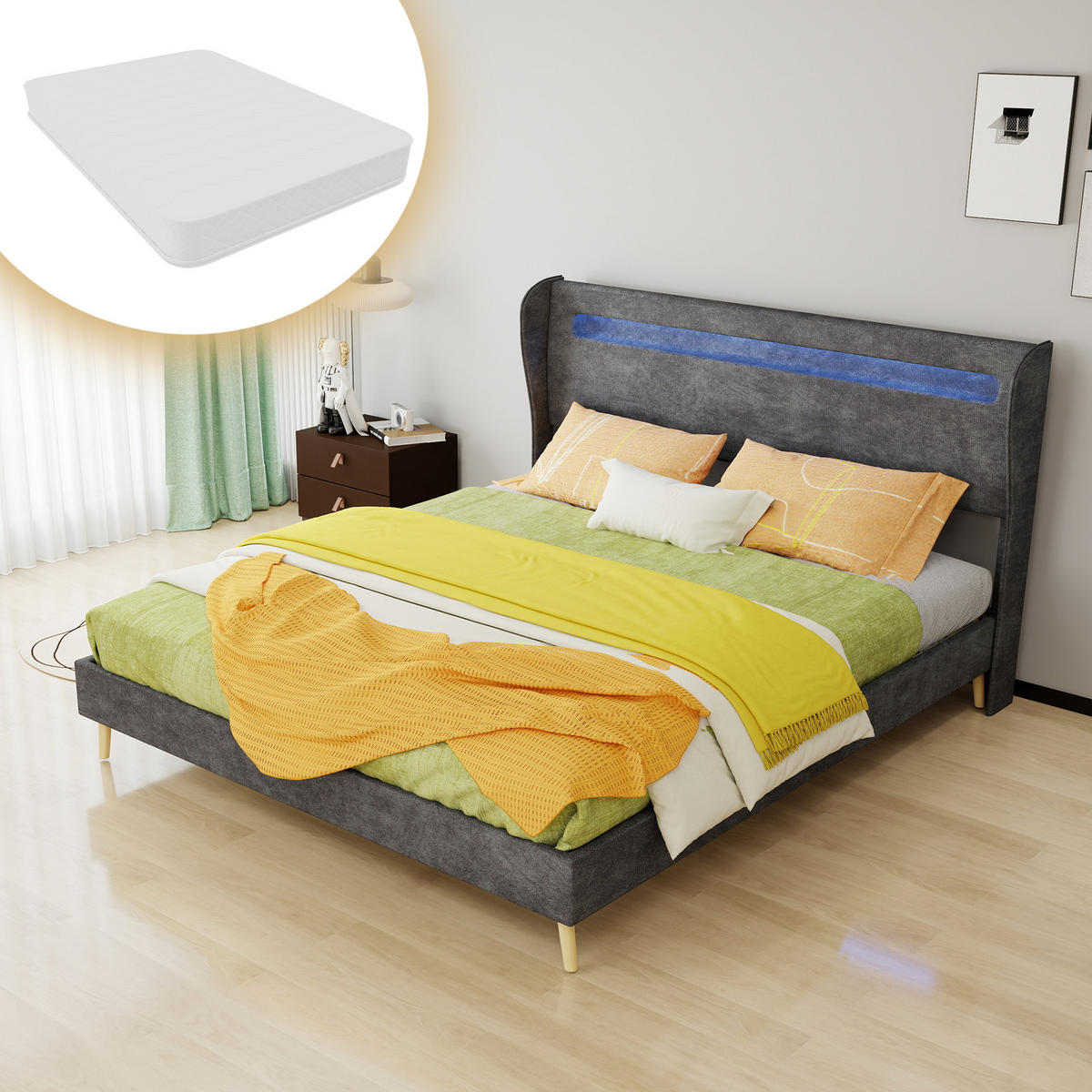 POLSTERBETT 160/200 cm DE-32987 mit LED-Kopfteil und Matratze Grau - Grau, Metall (160/200cm) - ComfortXL