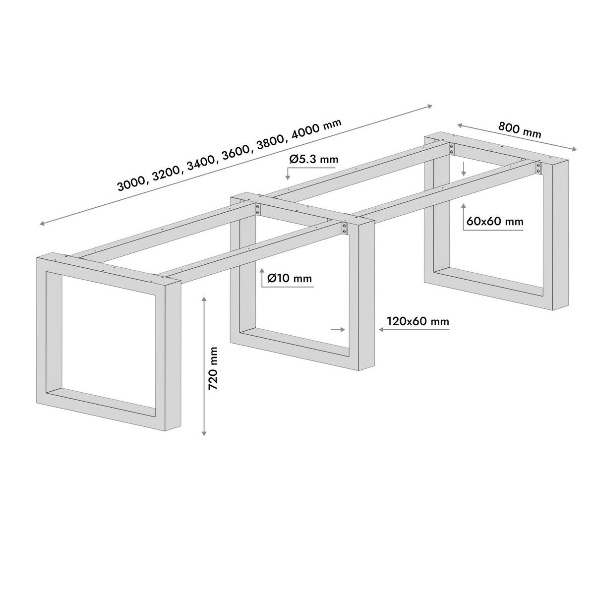 TISCHBEINE Eta Extreme Long Metall Schwarz 300/80/72 cm - Schwarz, Metall (80/72/300cm) - Metalo Pro