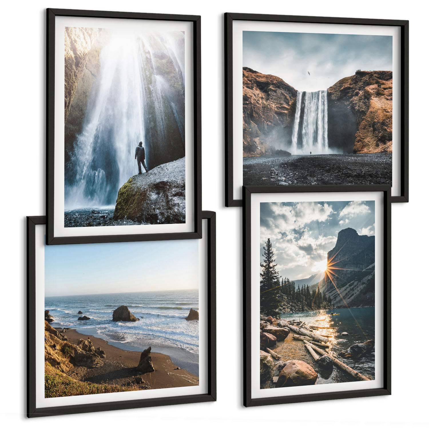 BILDER SET 4er Set - 50x50 cm & 40x60 cm Schwarzer Rahmen - Wasserfälle, Berge, Landschaften, Natur - Schwarz, Kunststoff (50/50cm) - TULUP