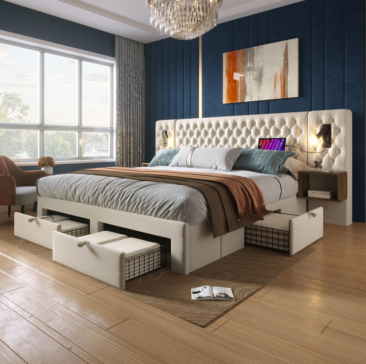 BETTANLAGE mit 2 Nachttischen und 4 Schubladen 160x200 cm Samt Beige - Beige, Metall (160/200cm) - Meubliv