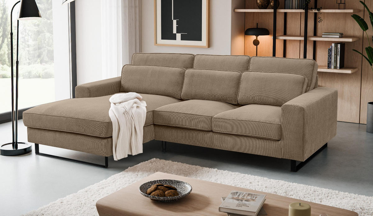SOFA braun Cord 276 cm, Ecksofa 4-Sitzer, L-Sofa Ottomane links - Schwarz/Braun, Holz/Textil (276/183cm) - Inn.Furn