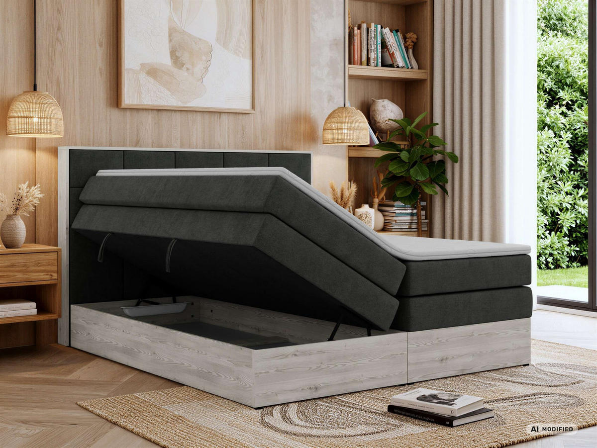 BOXSPRINGBETT ALNOR KING 160/200 - Dunkelgrau Stukture - Topper T25 - H4 - Dunkelgrau/Schwarz, Kunststoff/Textil (160/200cm) - MKS