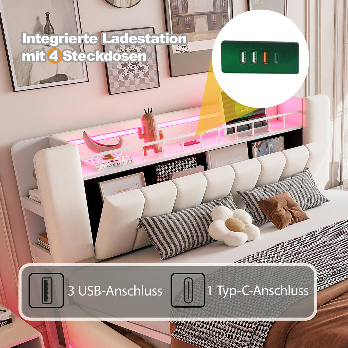 POLSTERBETT 180/200 cm Beige mit LED-Beleuchtung und Stauraum Samtbezug - Beige, Textil (180/200cm) - OKWISH