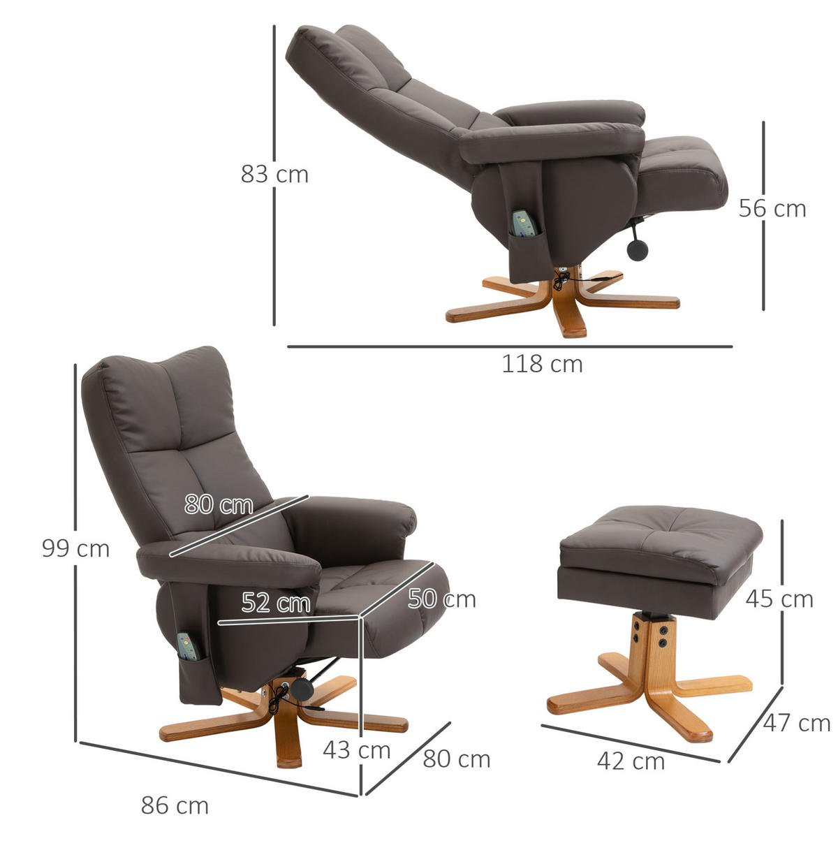 RELAXSESSELSET mit Hocker Braun 80/86/99 cm mit Massagefunktion und 145° Neigung - Braun, Leder (86/99/80cm) - Flora Grace