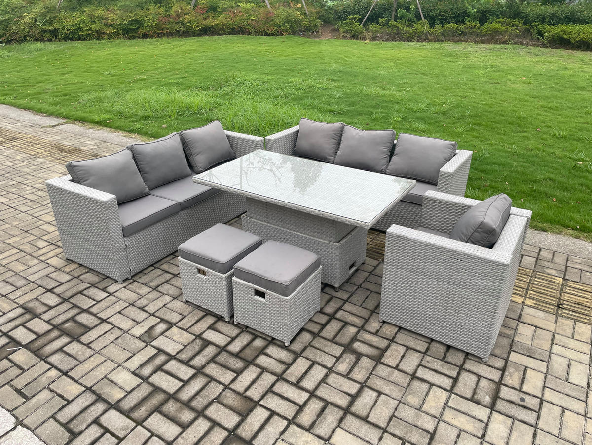 GARTENMÖBEL SET Polyrattan Helles Grau 9-Sitzer - Hellgrau, Metall - Fimous
