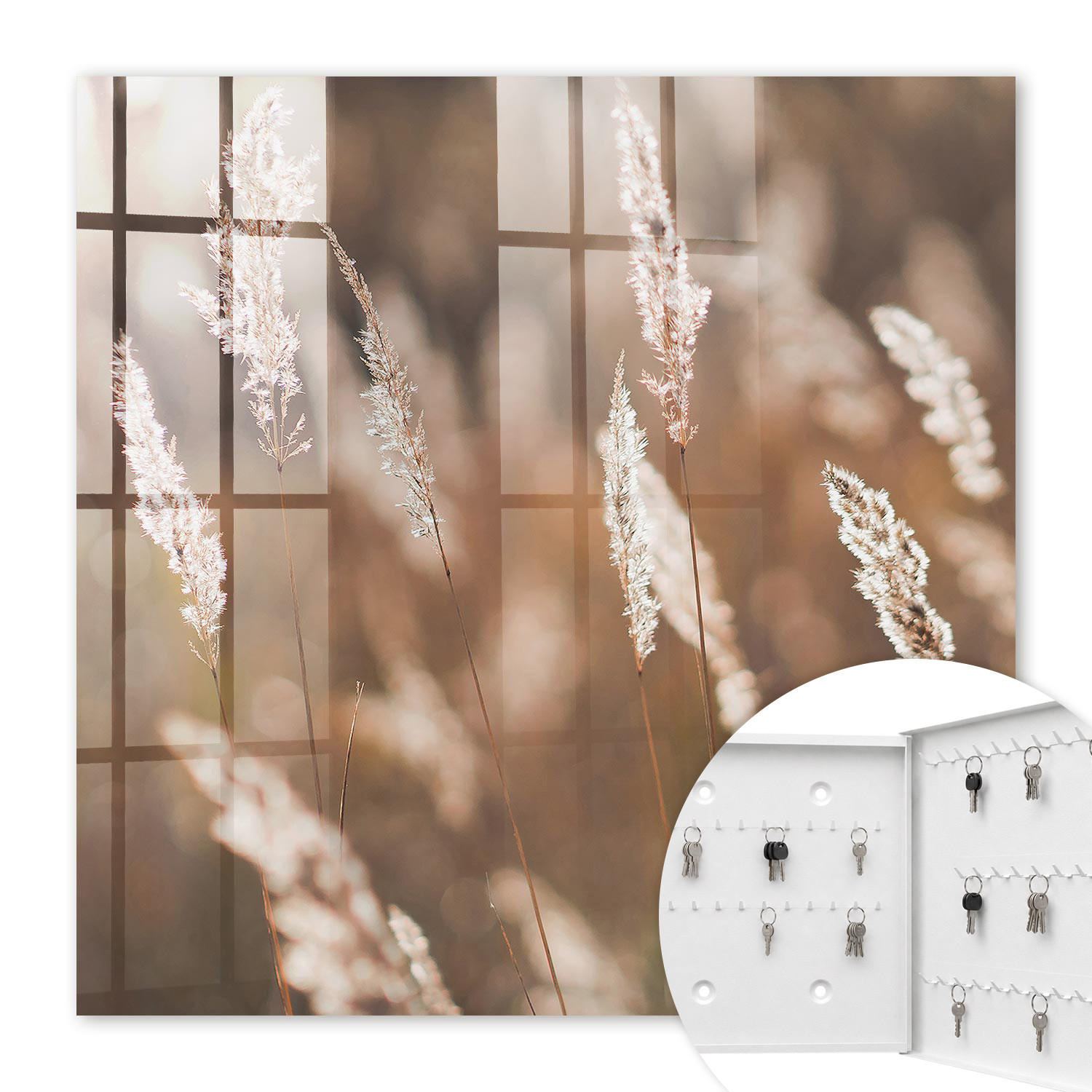 SCHLÜSSELBOX Weiß 30x30 cm – Türöffnung nach rechts - Gräser auf der Wiese - Beige, Metall (30/30/5cm) - TULUP