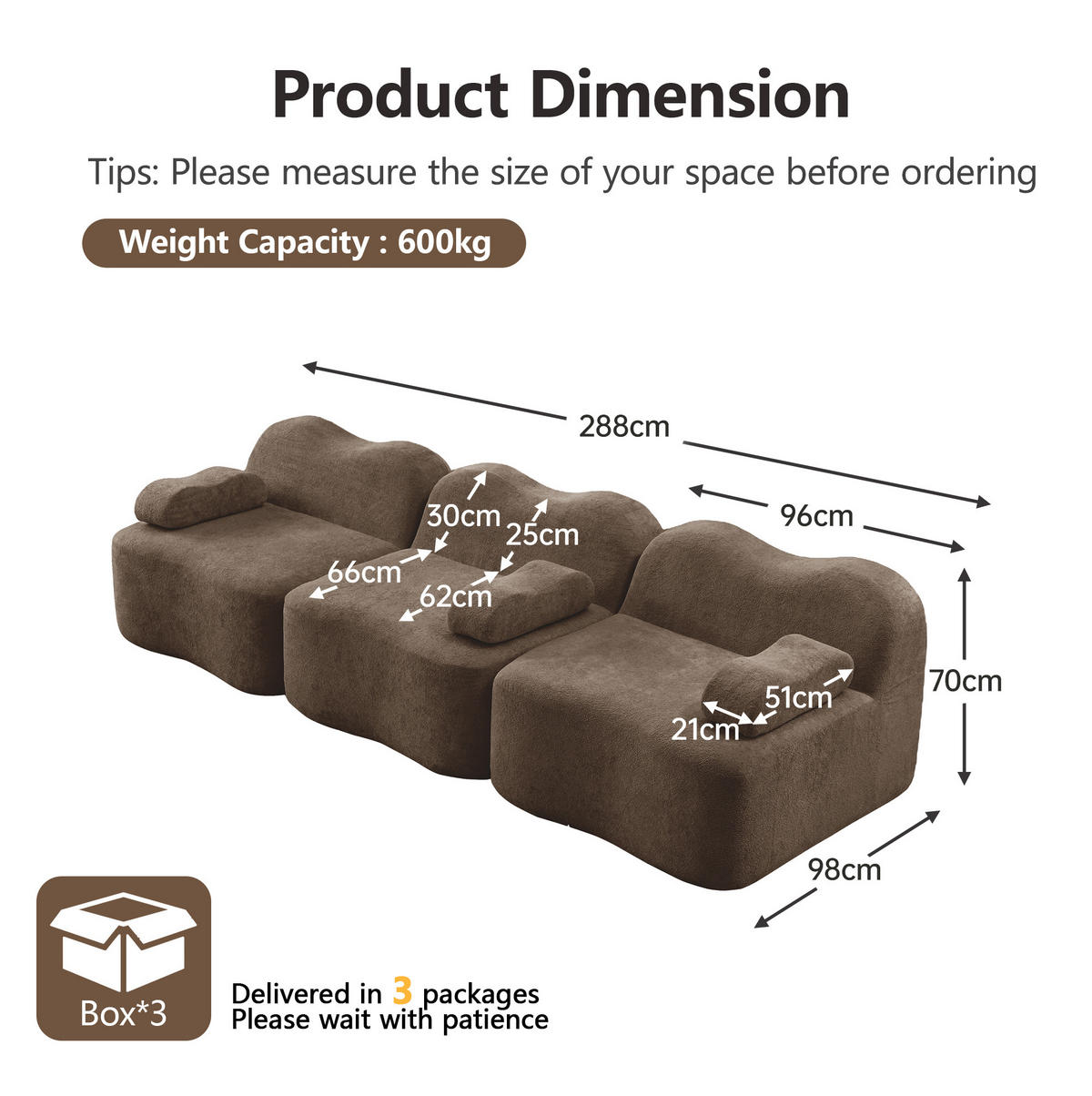SOFA modular mit tiefer Sitzfläche Samt Braun - Braun, Holzwerkstoff (98/70/288cm) - Meubliv