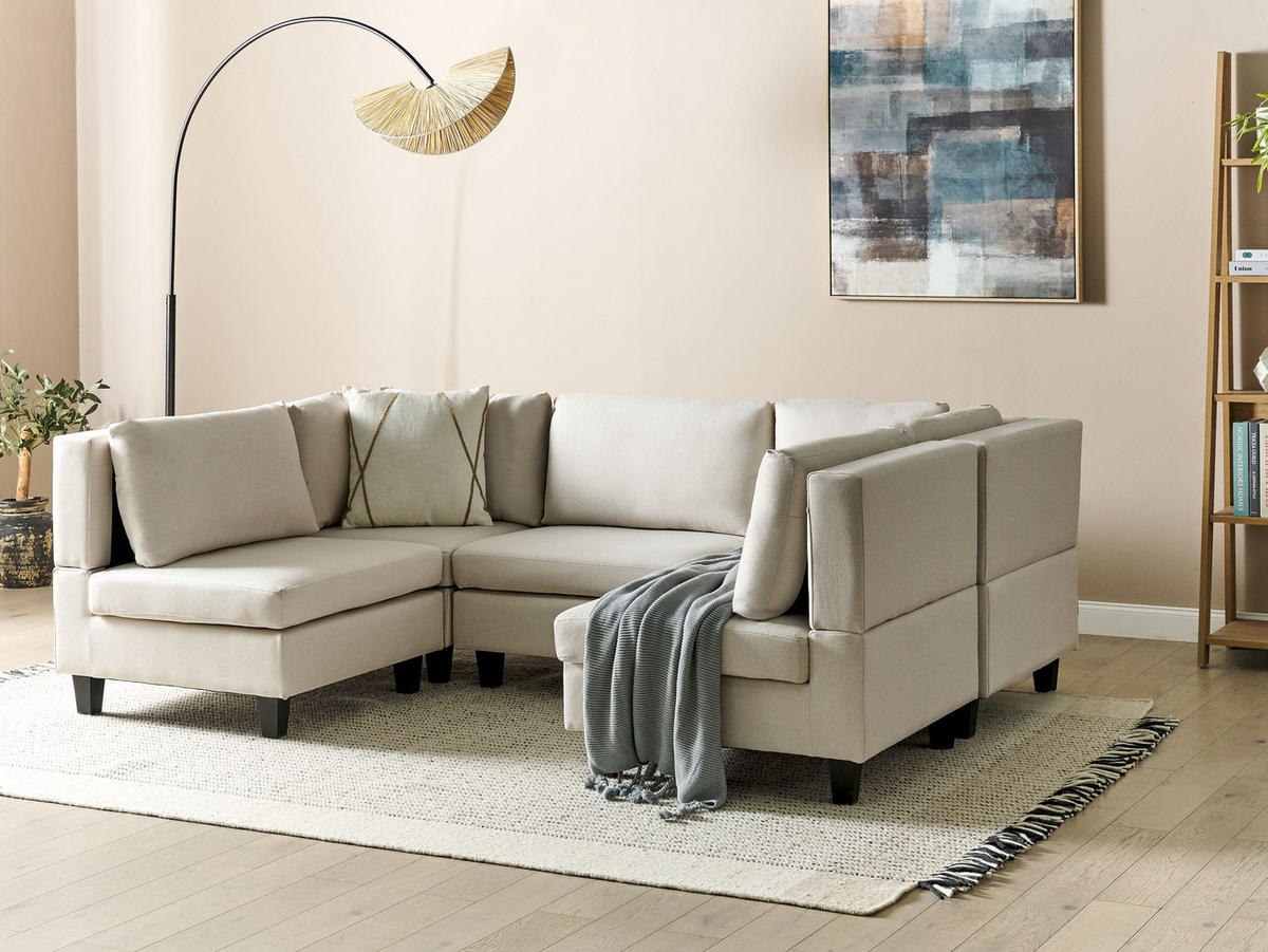 MODULÁRNÍ POHOVKA 5-místná Tvar U Světle béžová Látka Unstad - béžová, textil (228/72/76cm) - Beliani