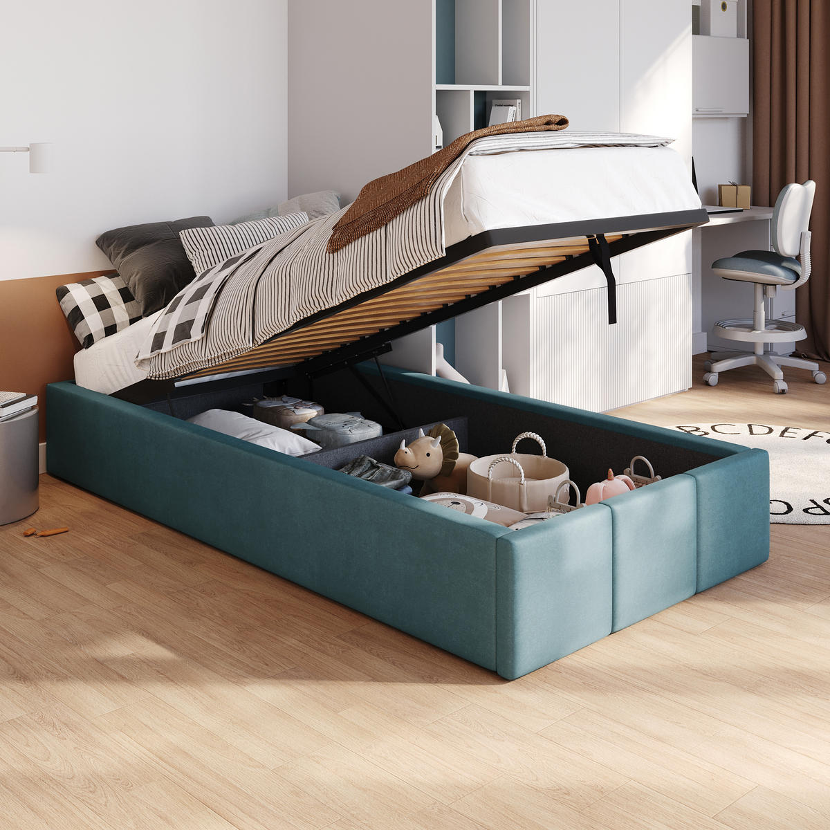 POLSTERBETT für Schlafzimmer Bett mit Stauraum Meerfarbe 90x200cm - Blau, Holzwerkstoff/Textil (90/200cm) - Muralo