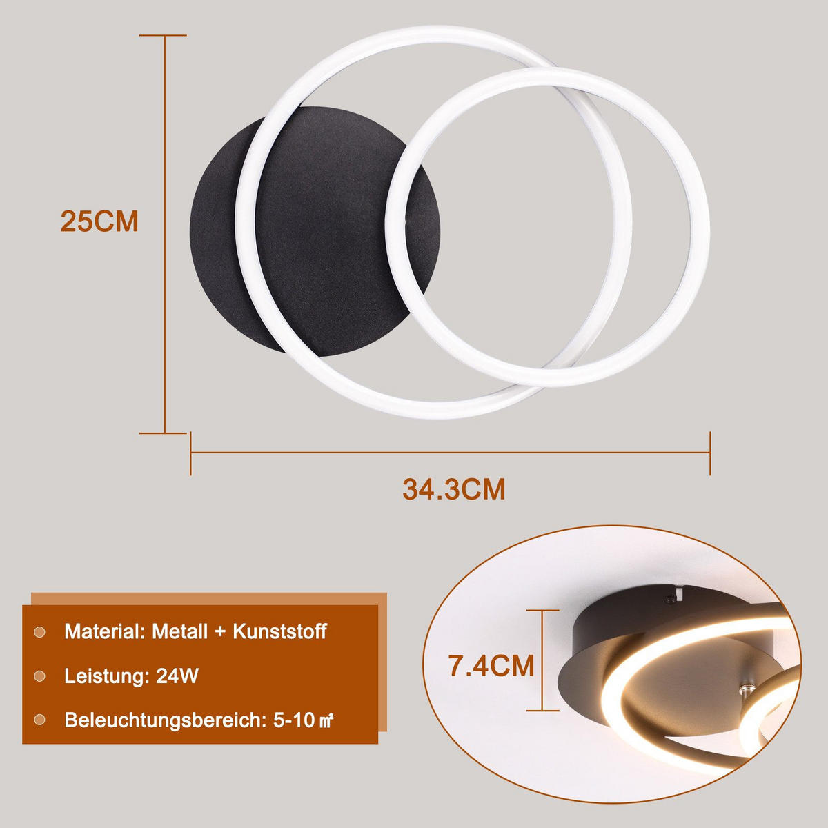 LED-DECKENLEUCHTE Gallagher 34.4/25/7.4 cm - Schwarz, Metall (34.4/25/7.4cm) - Nettlife