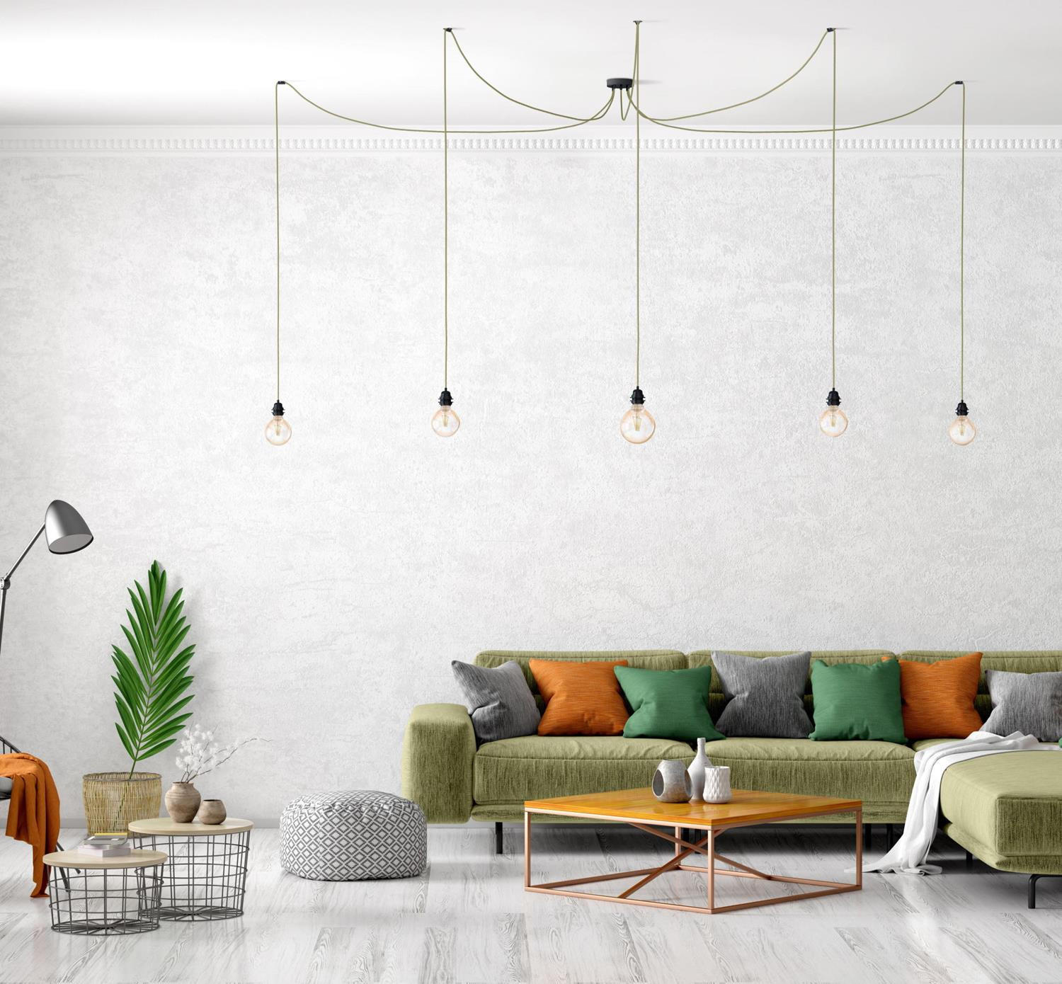 PENDELLEUCHTE Hang 5 Flammig Retro - Grün, Naturmaterialien (350/1/350cm) - HOOPZI