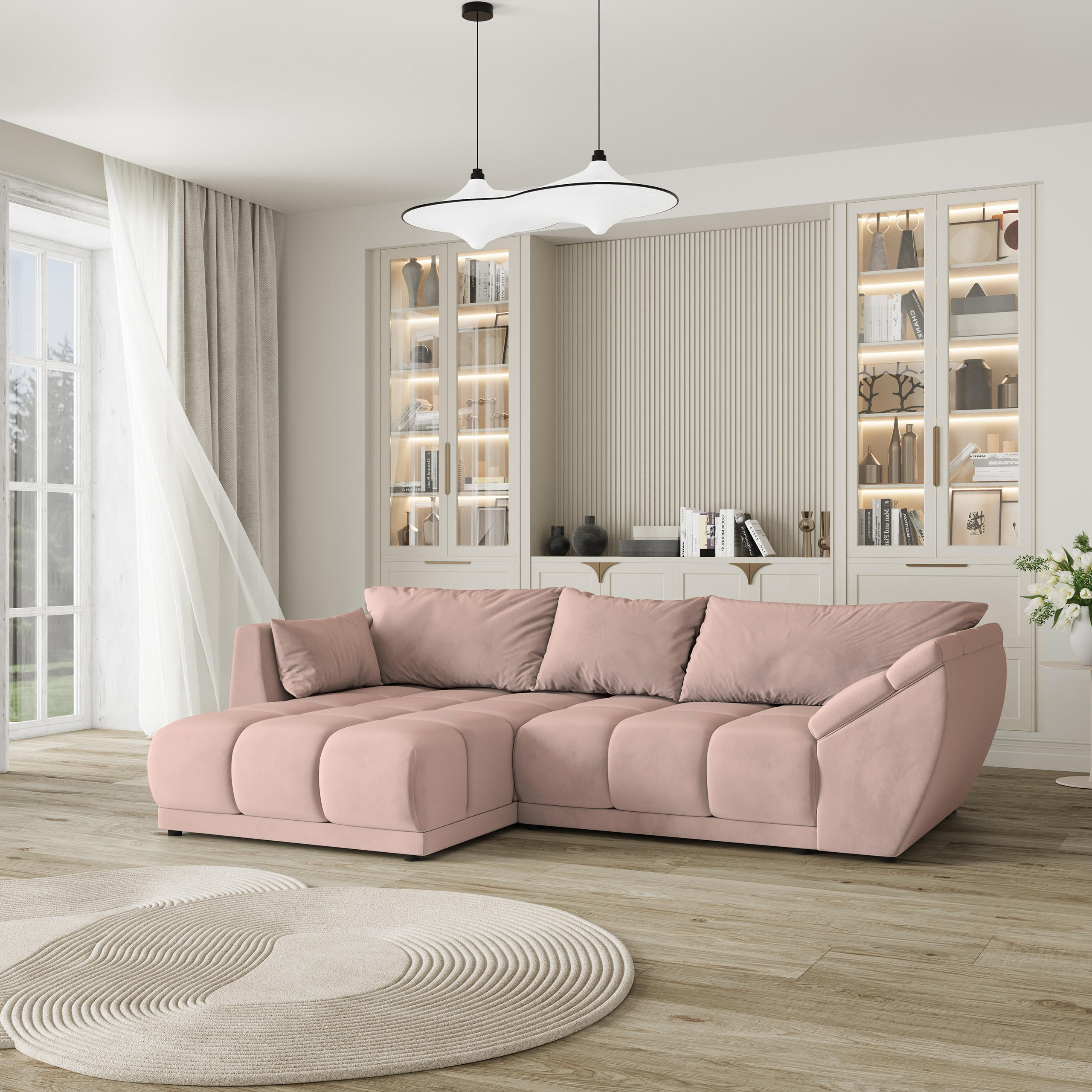ECKSOFA ORENTI L-S Rosa Velours-Stoff mit Schlaffunktion - Rosa, Holz (287/182cm) - MASSENO