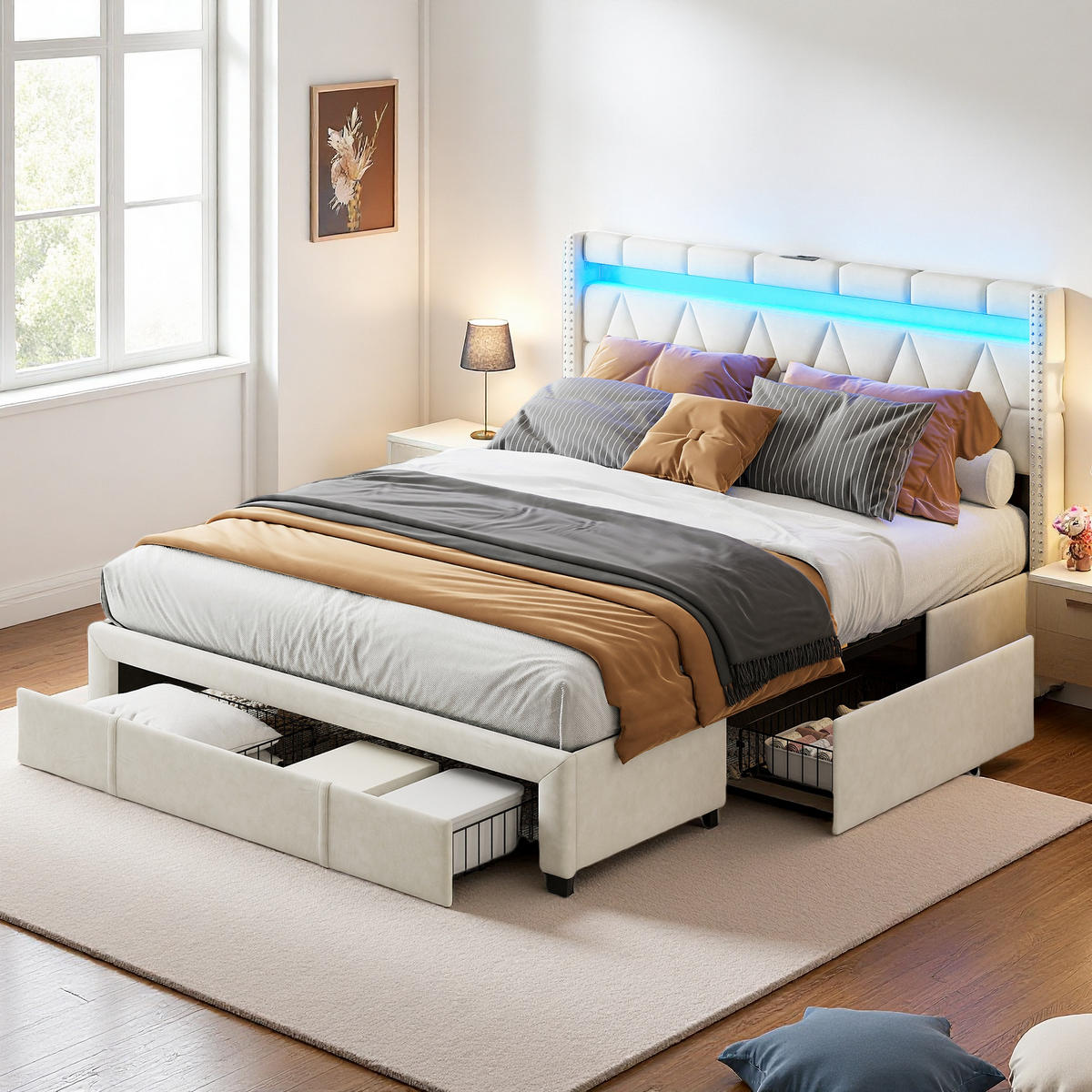 POLSTERBETT 160/200 cm Beige mit Schubladen und USB-Anschlüssen - Beige, Holz (160/200cm) - SHOPENTRA