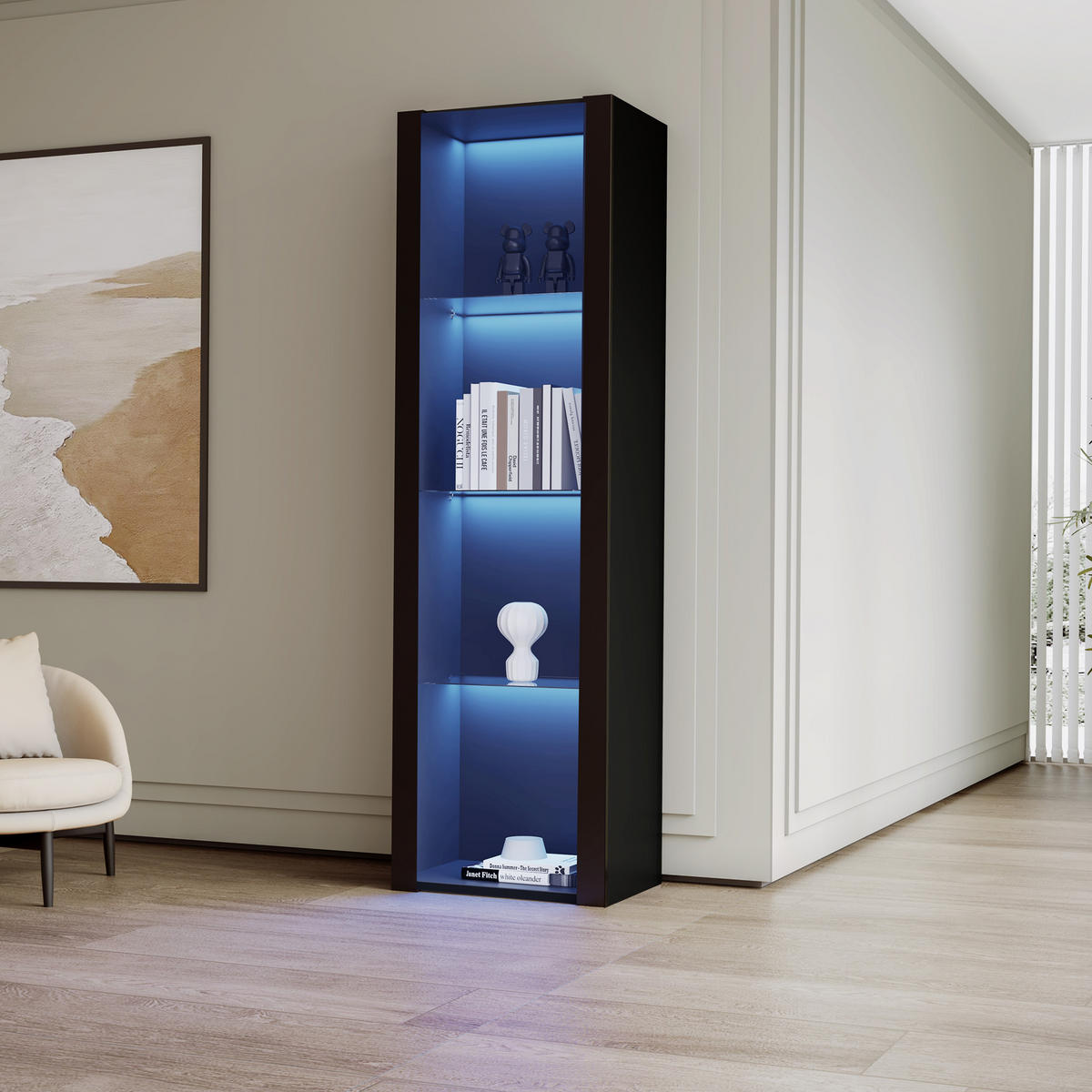 VITRINE 55/38/166 cm schwarz aus Spanplatte mit LED und 3 Glasböden - Schwarz, Holzwerkstoff (55/166/38cm) - OKWISH