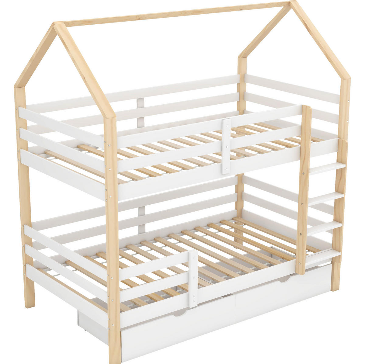 KINDERBETT 90/200 cm in Hausform aus Kiefernholz mit Schubladen - Weiß, Holz (90/200cm) - BEAOK