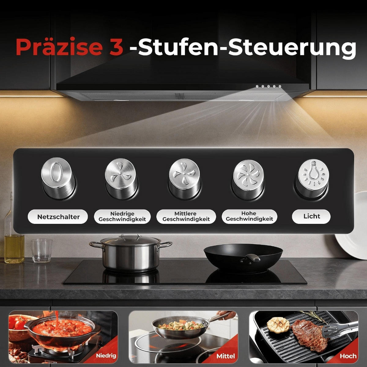 DUNSTABZUGSHAUBE Wandmontage, ABLUFT UND UMLUFT, Edelstahl Silberfarben, Für Die Küche, 60 cm - Schwarz, Metall (25.22/56.71/65.81cm) - Rolipo