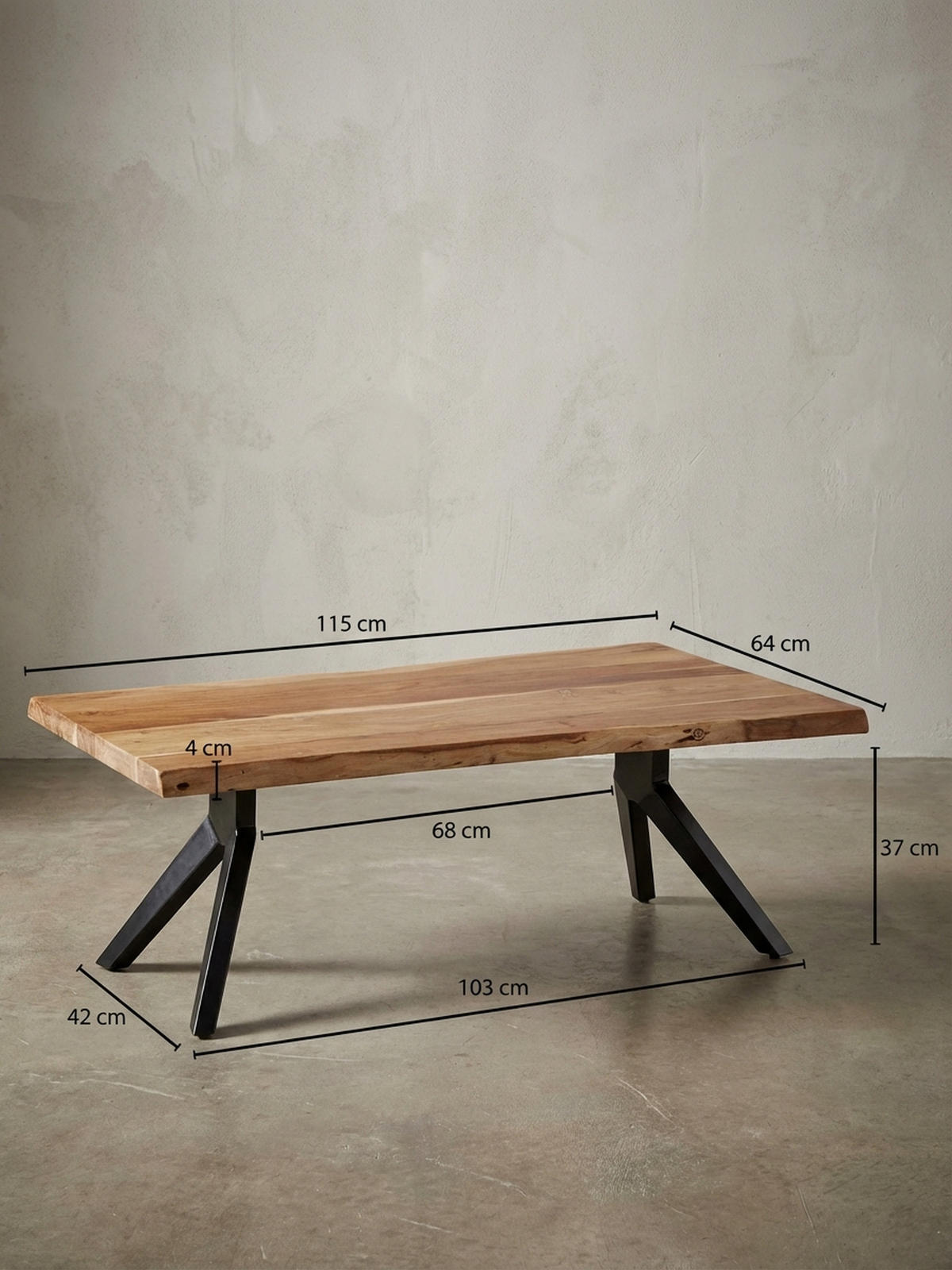COUCHTISCH in Natur, Massivholz Akazie, Baumkante, pulverbeschichteter Edelstahl, Unikat - Beige/Schwarz, Holz/Metall (64/115/37cm) - KADIMA DESIGN