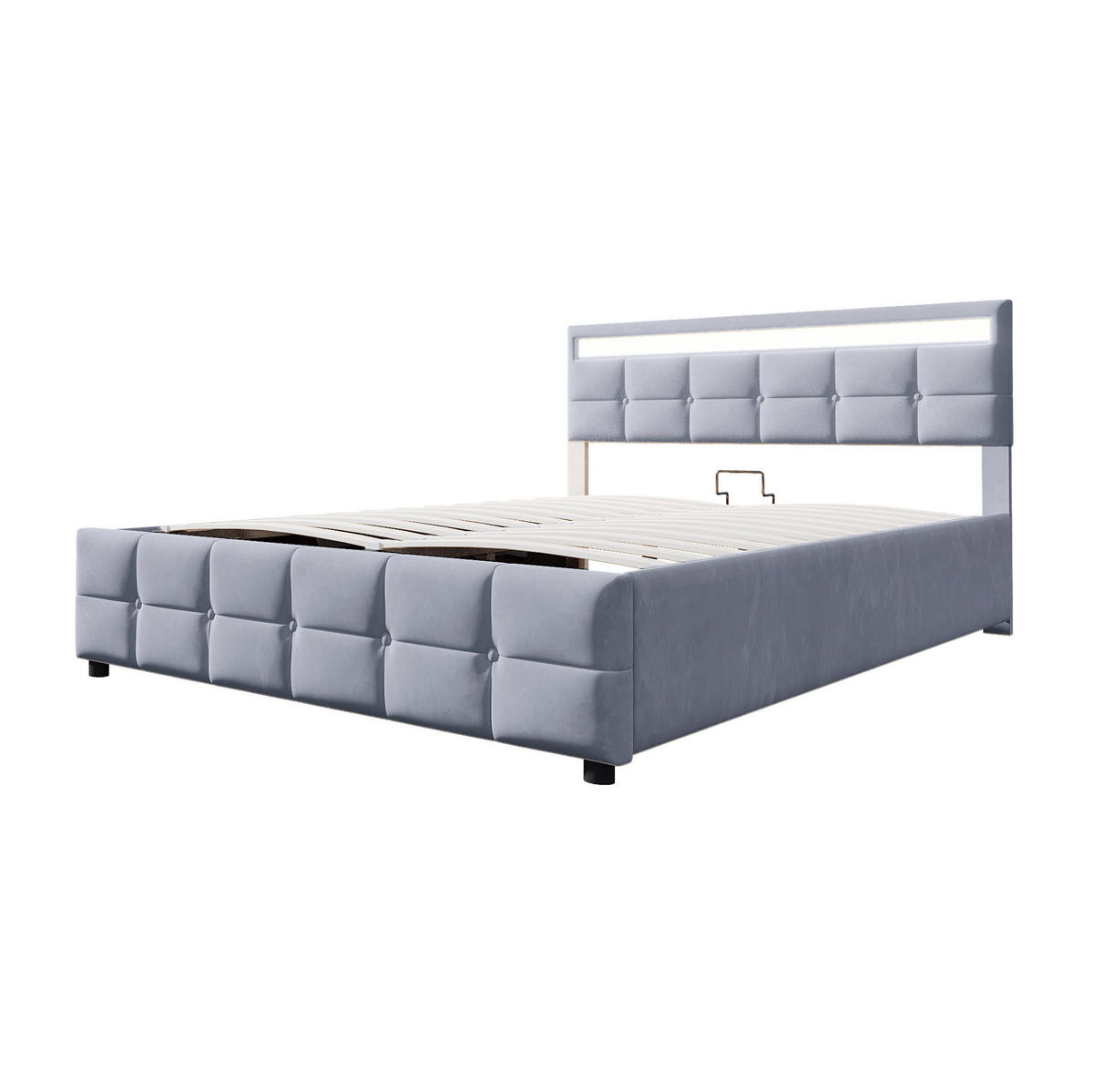 POLSTERBETT 180/200 cm mit LED-Beleuchtung, Lattenrost und hydraulischem Bettkasten aus Samt, Grau - Grau, Textil (180/200cm) - Redom