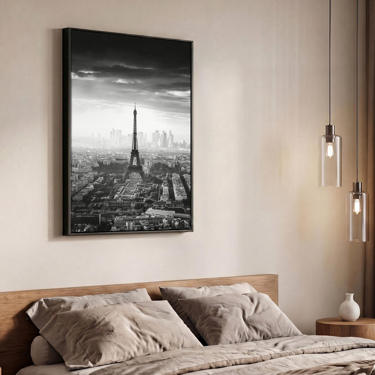 LEINWAND Bilder mit Rahmen - Paris - Skyline - Eiffelturm - Stadt - Wolken - 70x100 - Dunkelgrau, Textil (70/100cm) - MuchoWow