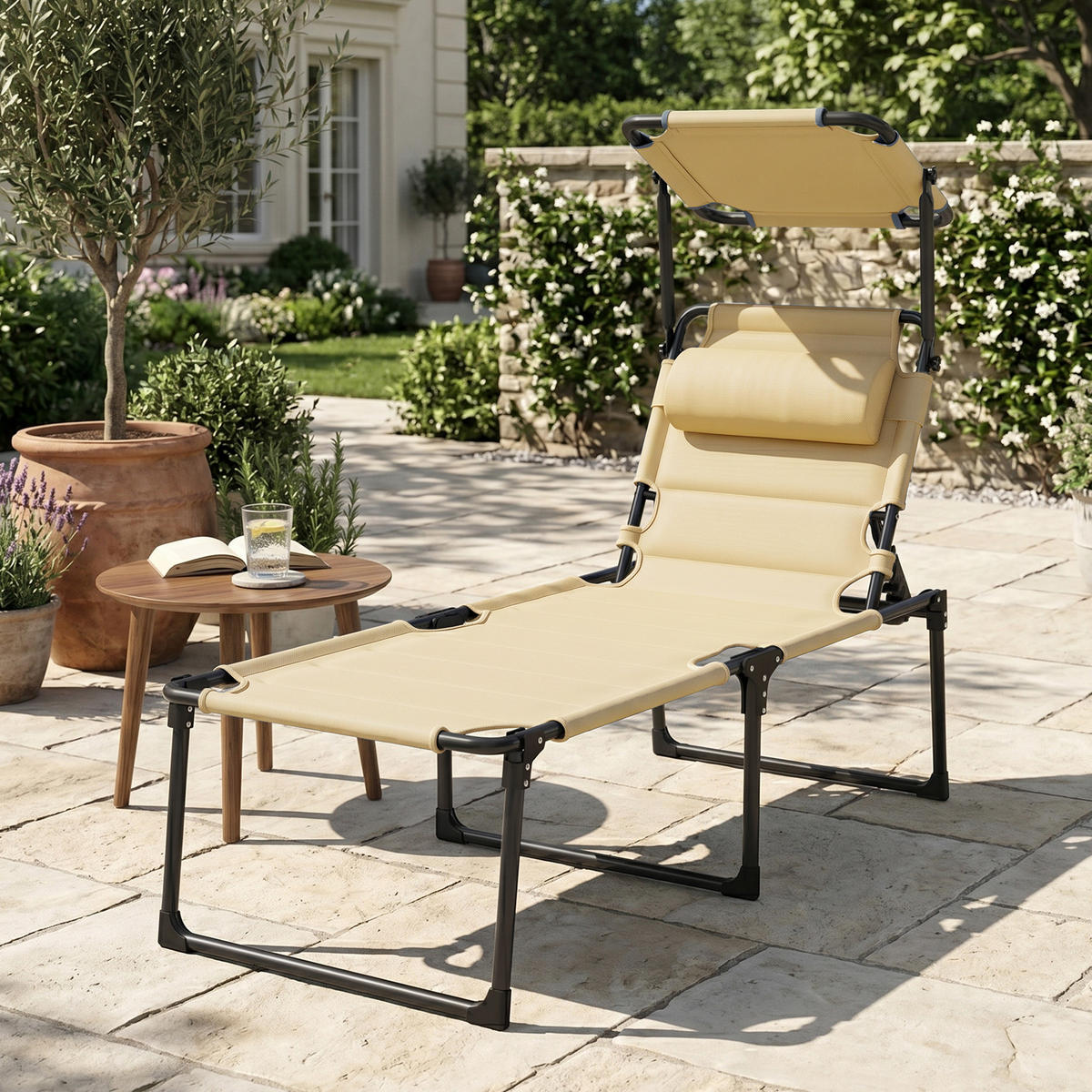 SONNENLIEGE DE-15640 70/200/45 cm mit Sonnendach & Kopfkissen Creme - Creme, Metall (70/45/200cm) - ComfortXL