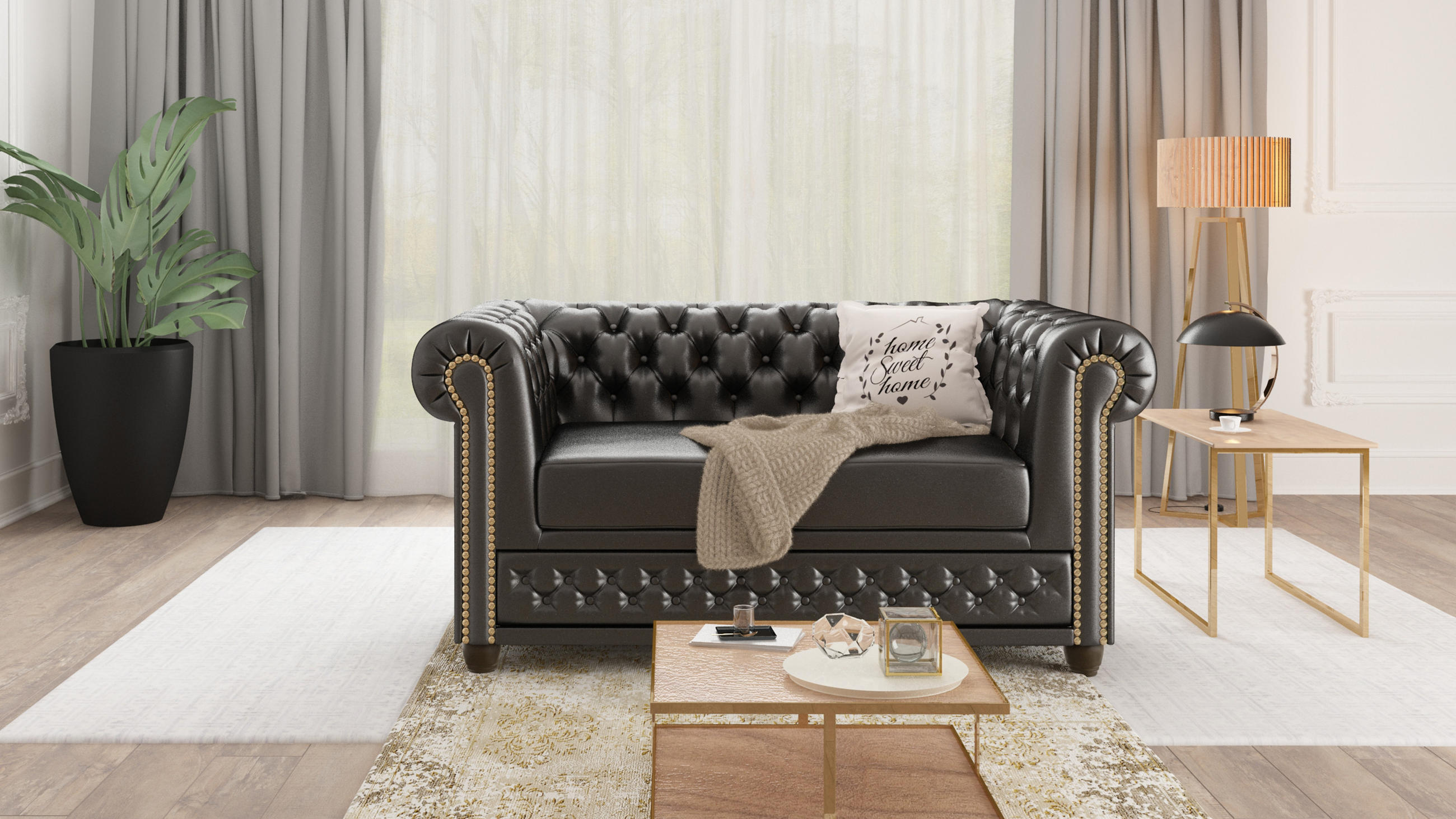 CHESTERFIELD-SOFA 2-sitzer mit Schlaffunktion Morin Schwarz vegan Leder - Schwarz/Braun, Holz/Textil (148/72/86cm) - S-Style Möbel