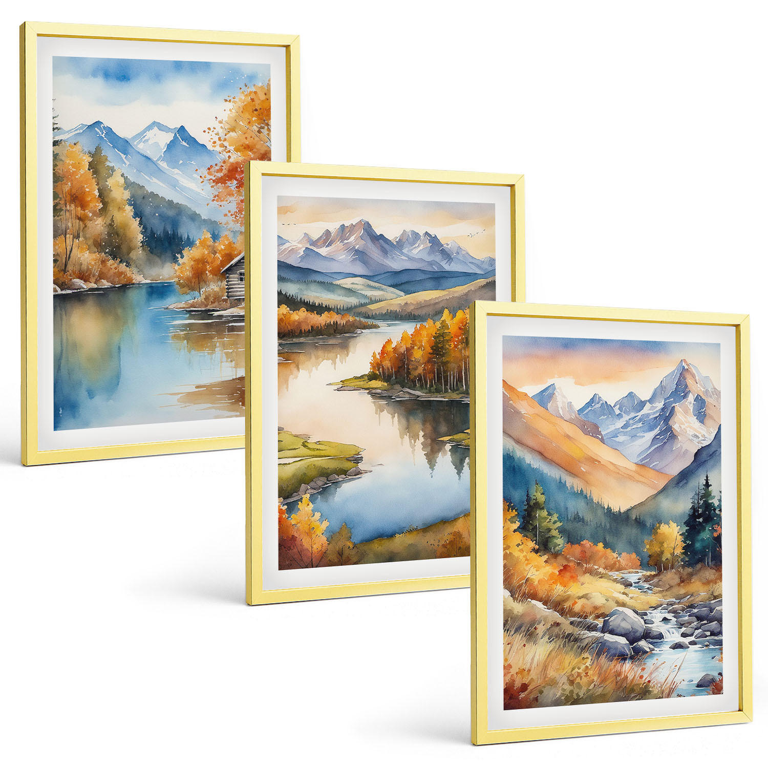 BILDER SET 3er Set - 40x60 cm Goldrahmen - Gebirgsflüsse, Herbstbäume - Goldfarben, Kunststoff (40/60cm) - TULUP