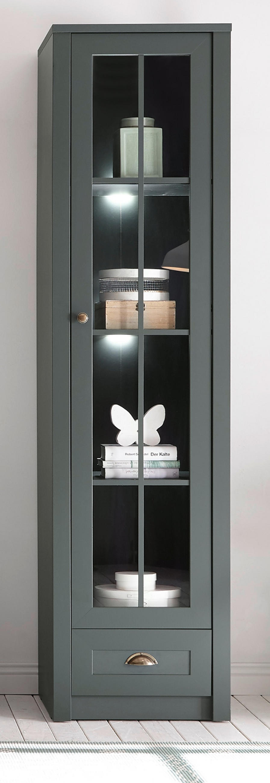VITRINE grün Landhaus 50 x 197 cm, Vitrinenschrank für Wohn- und Esszimmer - Chromfarben/Schwarz, Glas/Holz (50/197/43cm) - Furn.Design