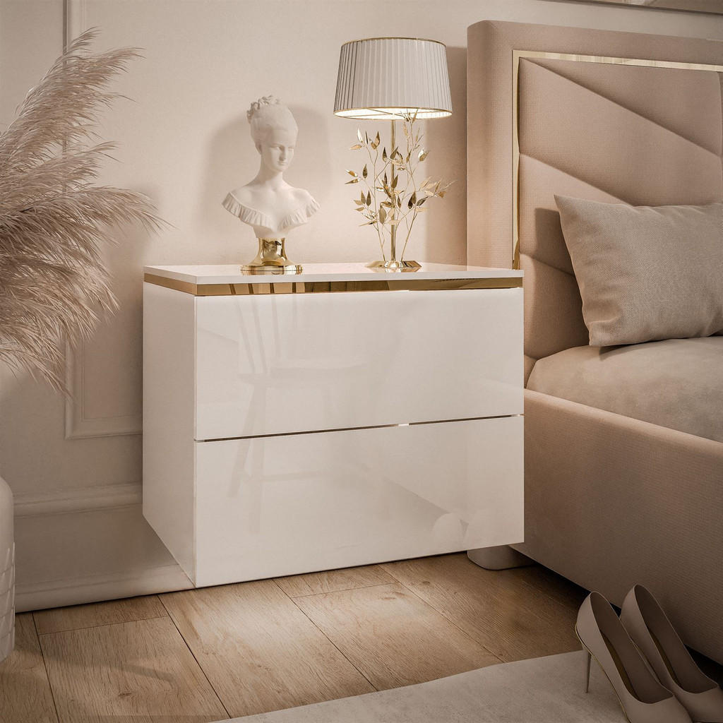 Thumbnail - Lookway Nachttisch, Weiß Hochglanz, Holzwerkstoff, Uni, 2 Schubladen, Rechteckig, 50x40x37 cm, Schlafzimmer, Nachttische
