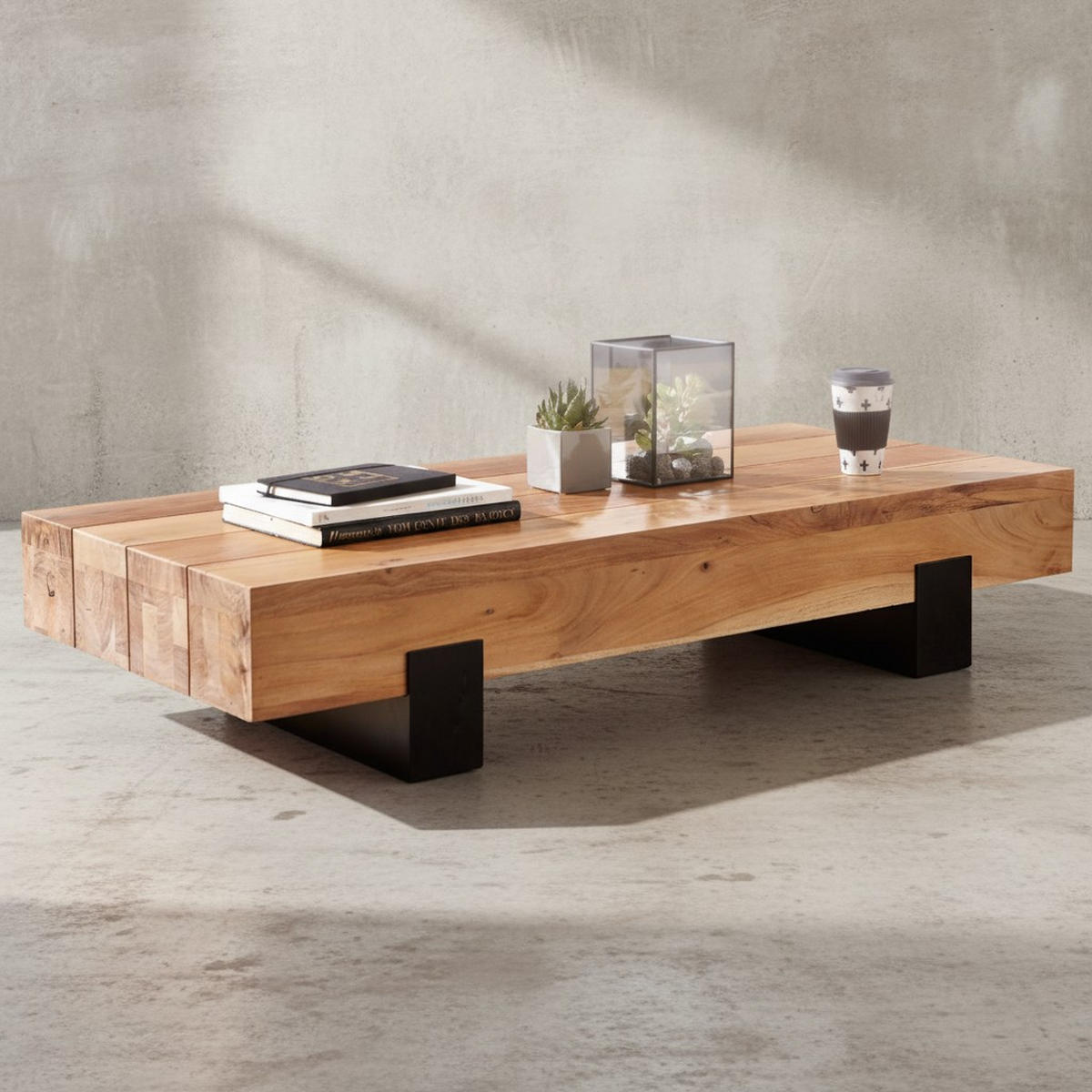 COUCHTISCH Industrie-Stil in Akazienholz und Schwarz Metall, Maße 130x25x59 cm - Beige/Schwarz, Holz/Metall (59/130/25cm) - KADIMA DESIGN