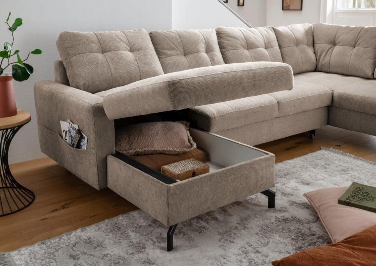 WOHNLANDSCHAFT mit Schlaffunktion und Bettkasten - Schwarz/Braun, Textil/Metall (200/92/305cm) - myHomelando
