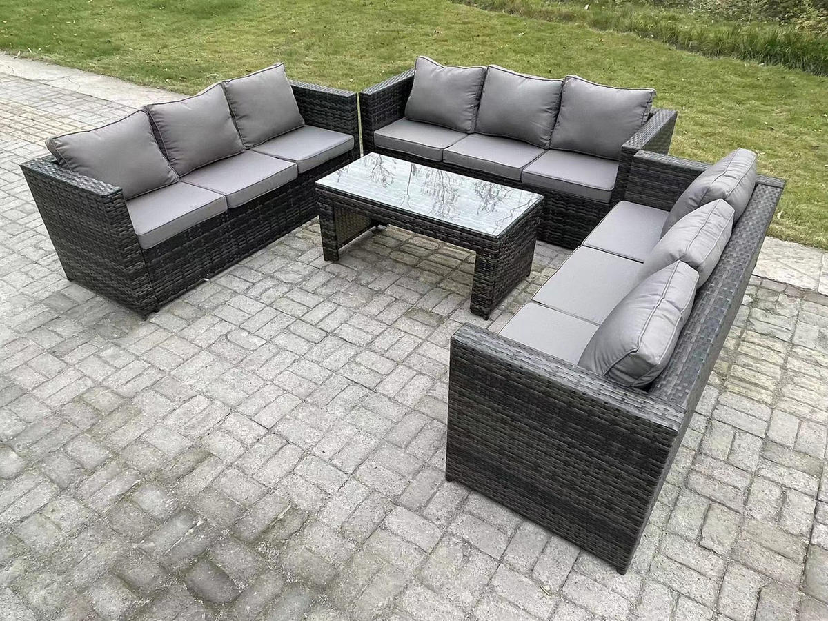 GARTENTISCHGRUPPE Polyrattan 9-Sitzer - Dunkelgrau/Grau, Glas/Kunststoff - Fimous