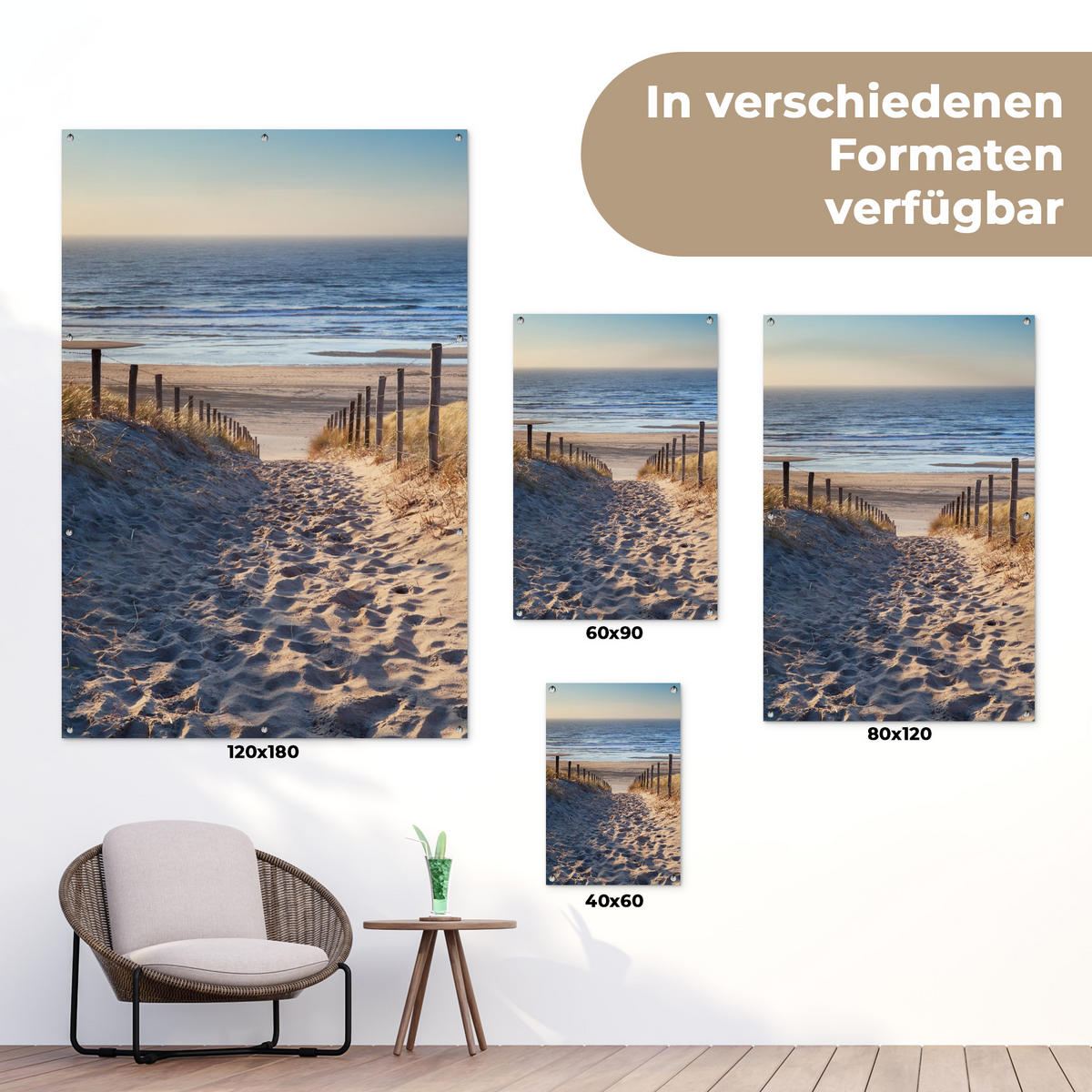 ZAHRADNÍ PLAKÁT Pláž - moře - Nizozemsko - duny - slunce 80x120 cm - písková barva, plast (80/120/0.2cm) - OnlyWow