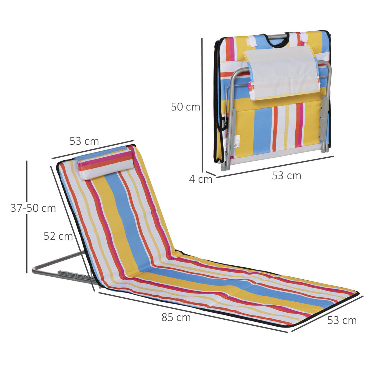 STRANDMATTE, 2er Set Faltbare Strandliege mit Kopfkissen, Tragetasche Mehrfarbig - Multicolor, Metall (53/45/124cm) - Outsunny