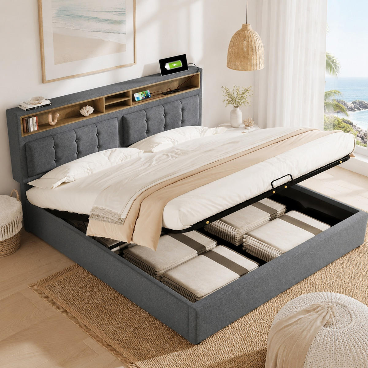 POLSTERBETT 160/200 mit Bettkasten, USB-C und verstellbarem Kopfteil - Grau, Holzwerkstoff/Textil (160/200cm) - EVRYAE