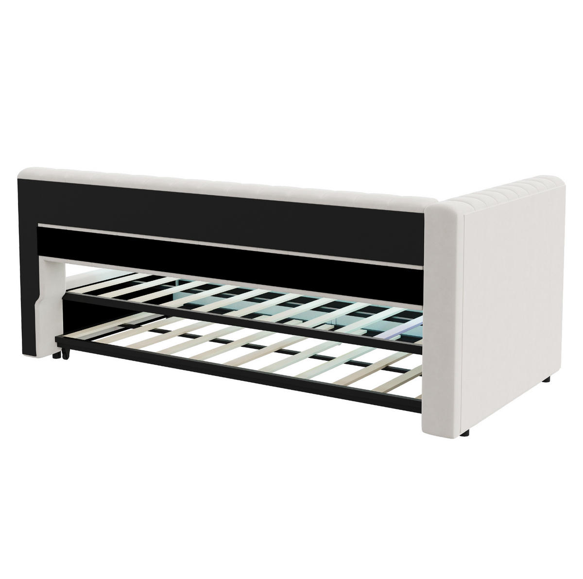 ROZKLÁDACÍ čalouněná postel 90/200 cm s LED osvětlením, USB-C portem a výsuvným lůžkem, Béžová - béžová, textil (90/200cm) - Redom