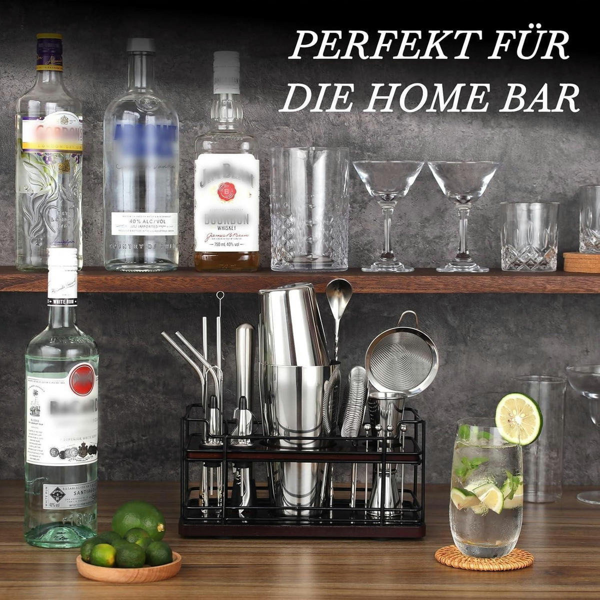COCKTAIL Shaker Set 20-teilig Edelstahl 825 ml mit Ständer & Rezeptbuch - Silberfarben, Metall (15/15/25cm)