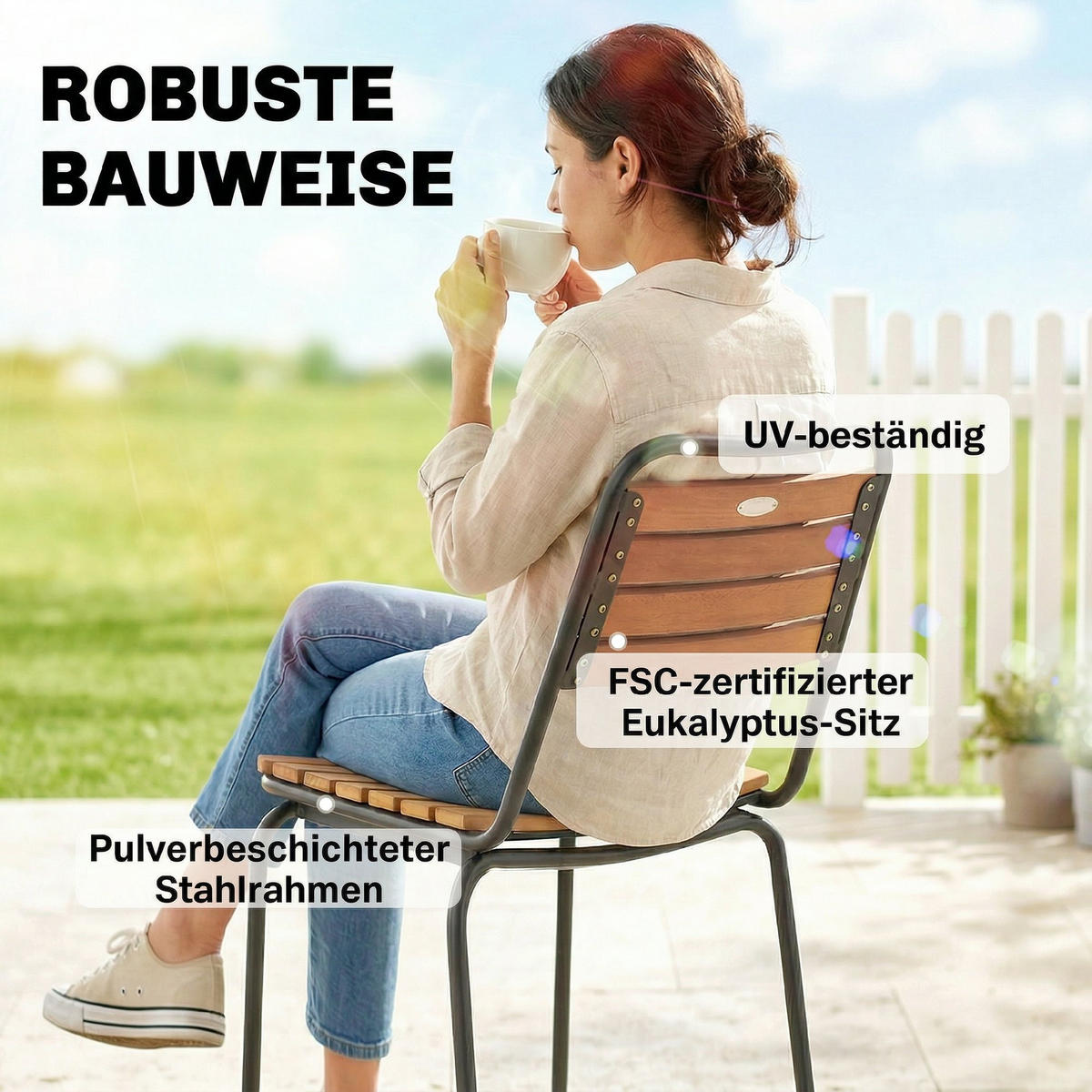 GARTENSTUHL 2er Set wetterfest Gartenstühle aus Stahl und Holz Stapelstuhl mit Rückenlehne bis 160kg belastbar Naturholz - Naturfarben, Metall (61/81/47cm)