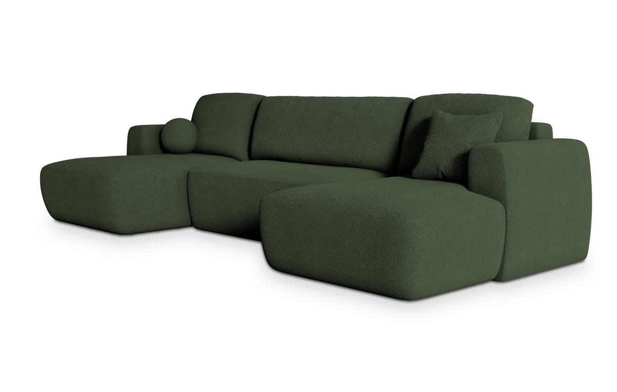 WOHNLANDSCHAFT SENTUM N Grün Boucle-Stoff mit Schlaffunktion - Grün, Holz (330/90/148cm) - MASSENO