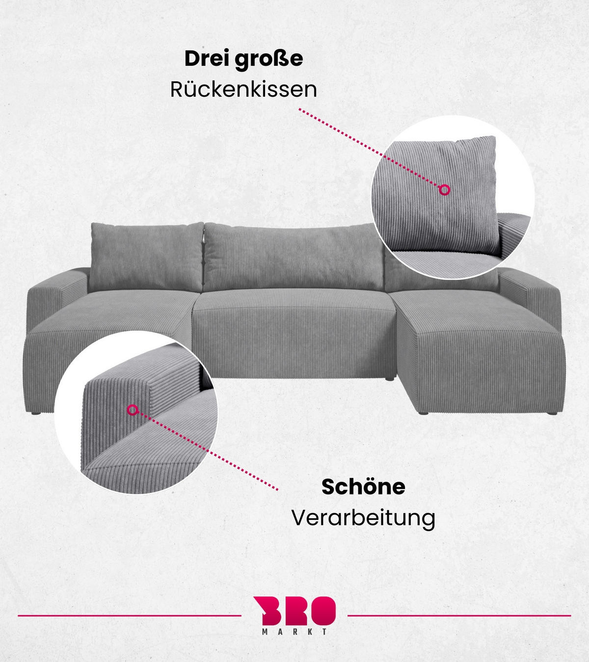 WOHNLANDSCHAFT Plush mit Schlaffunktion Dunkelgrau Cord - Dunkelgrau, Kunststoff/Textil (315/72/145cm) - Bromarkt